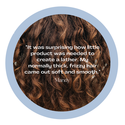 Brown hair with testimonial overlay, "It was surprising how little product was needed to create a lather. My normally thick, frizzy hair came out soft and smooth."
