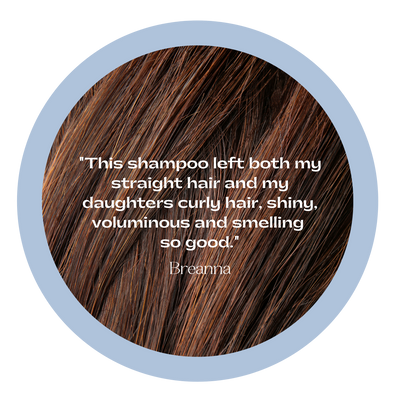 Brunette hair with a testimonial overlay, "This shampoo left both my straight hair and my daughters curly hair, shiny, voluminous and smelling so good." 