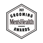 '2021 Men's Health Grooming Awards badge with hexagonal border.'